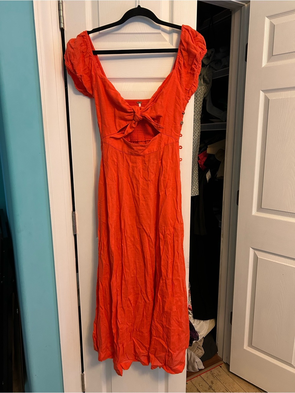 Free People Orange Tie-Front Maxi Dress with Puff Sleeves